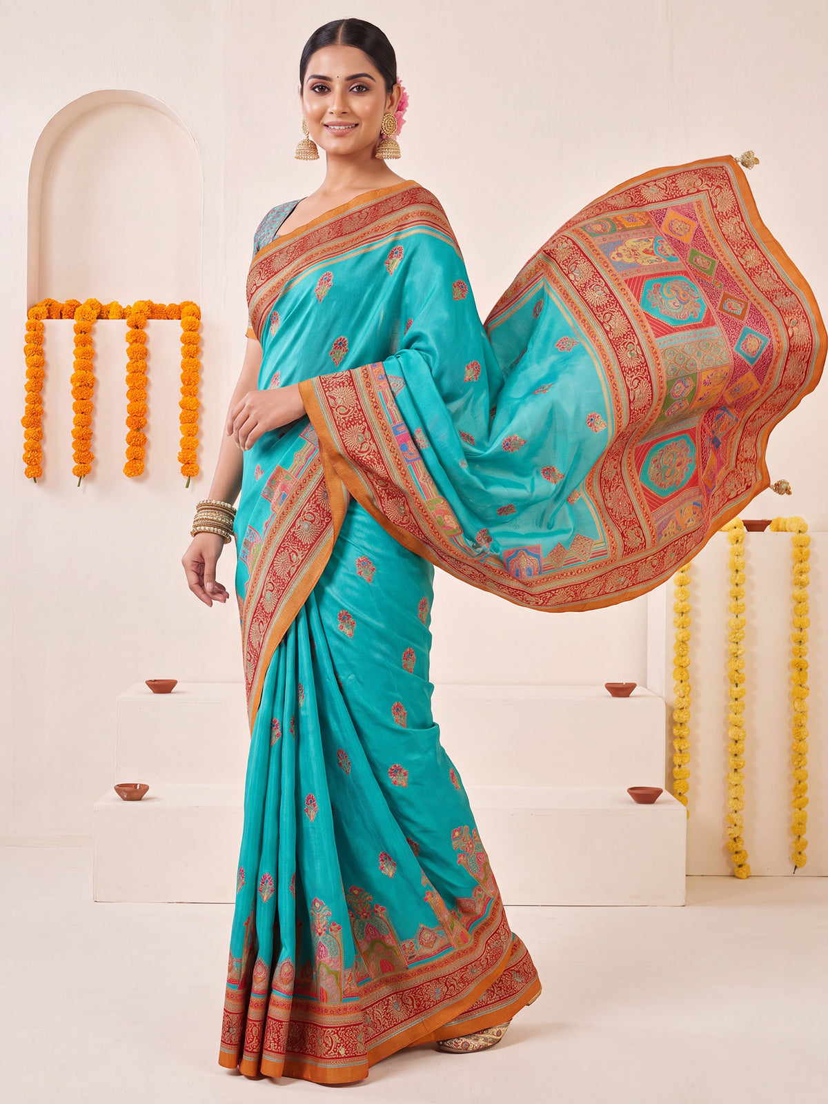 Turquoise Blue Silk Blend saree – detail view 3
