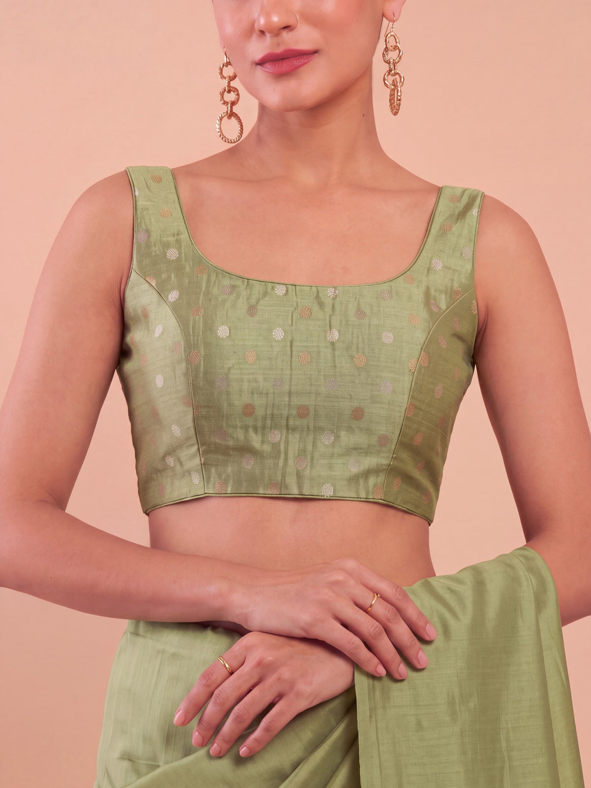 Sea Green zari woven georgette sleeveless readymade saree blouse with round neck view 2