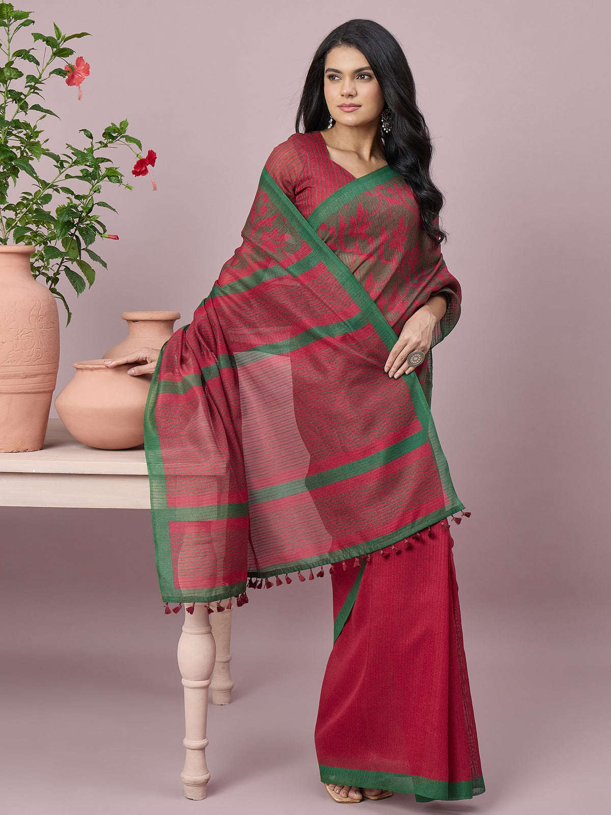 Green cotton slub saree view 5