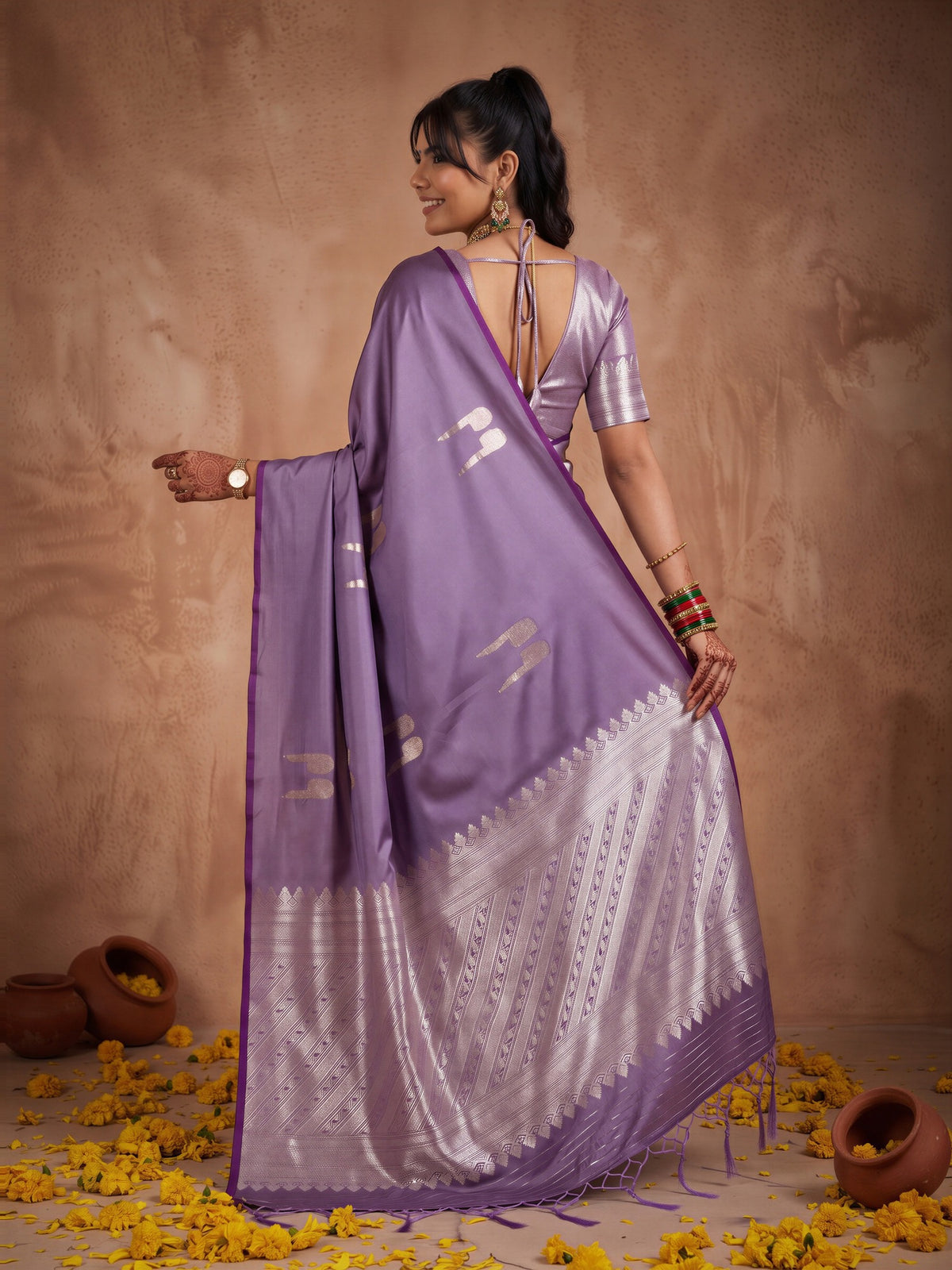 Lavender Satin saree – detail view 1