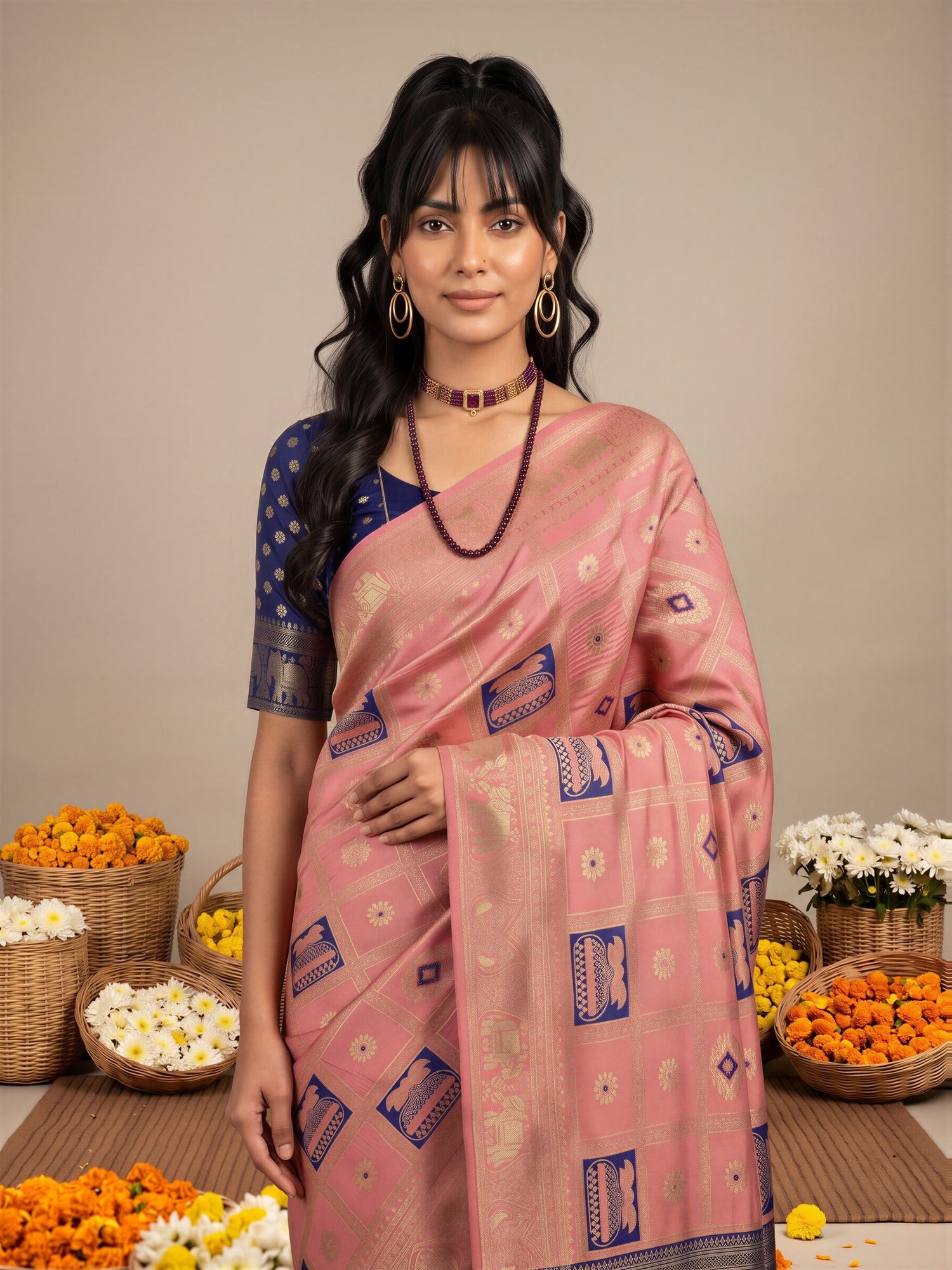 Peach Litchi Silk saree – detail view 4