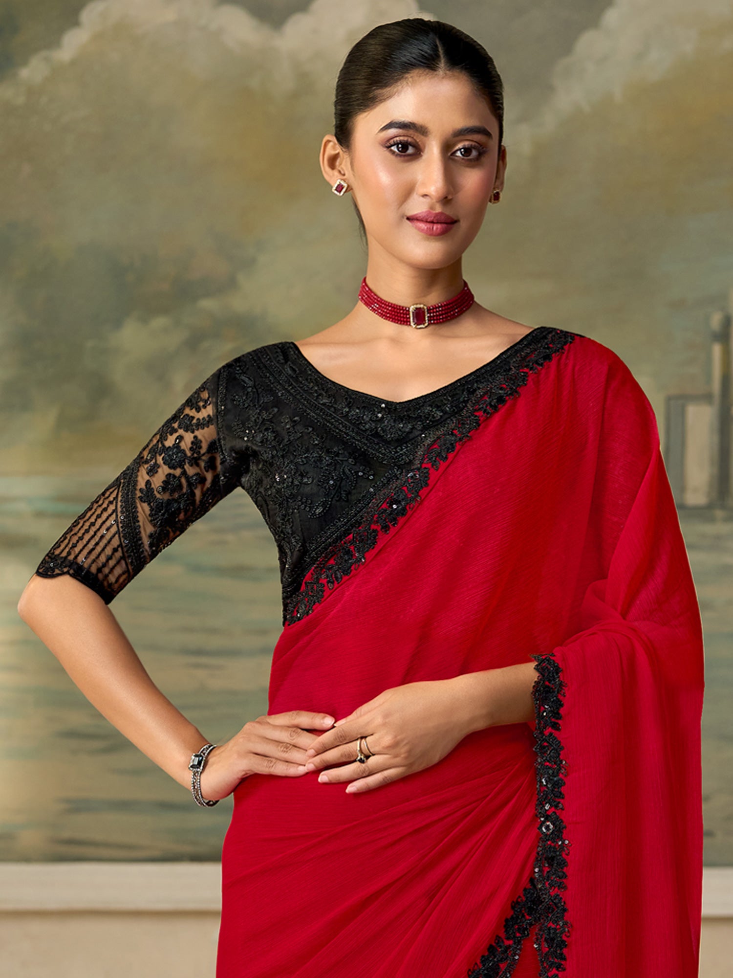 Red Chiffon saree – detail view 2