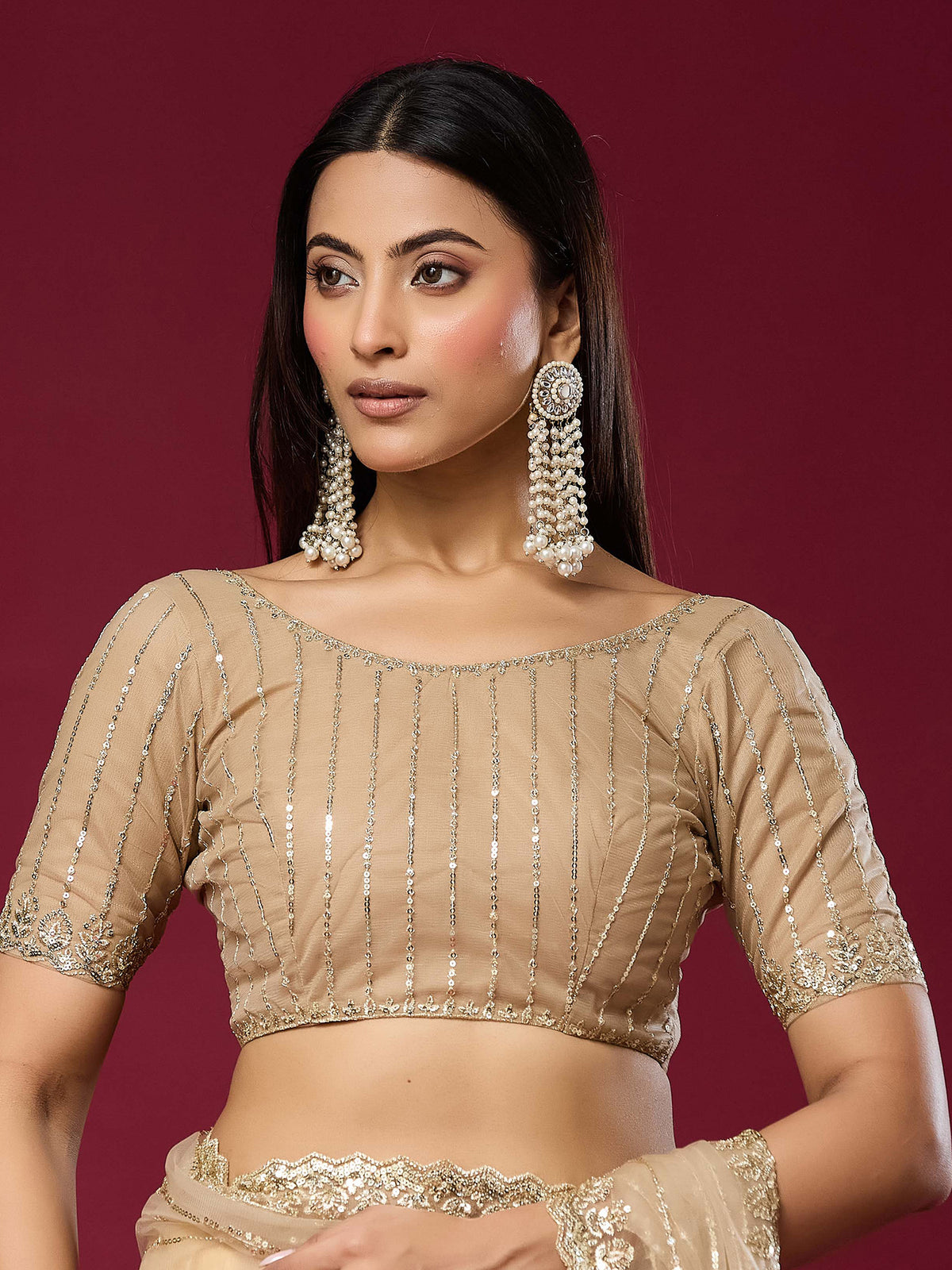 Unstitched beige net blouse piece with embellished design