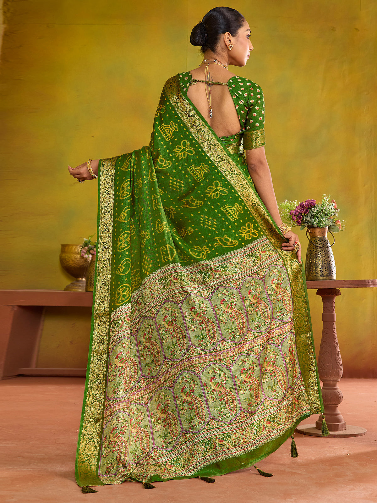 Olive tussar silk saree view 2