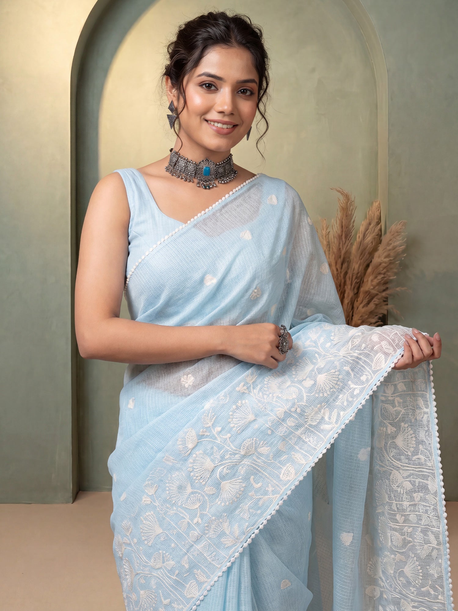 Light Blue Kota Doria Cotton saree – detail view 4