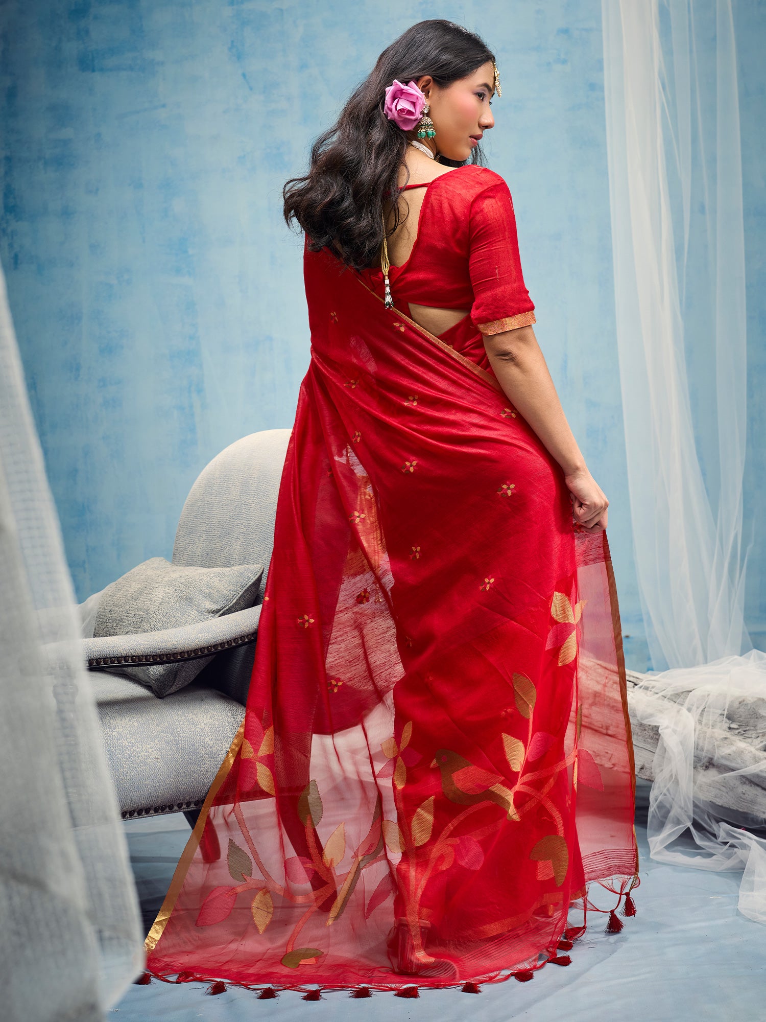 Red Muga Cotton saree – detail view 1