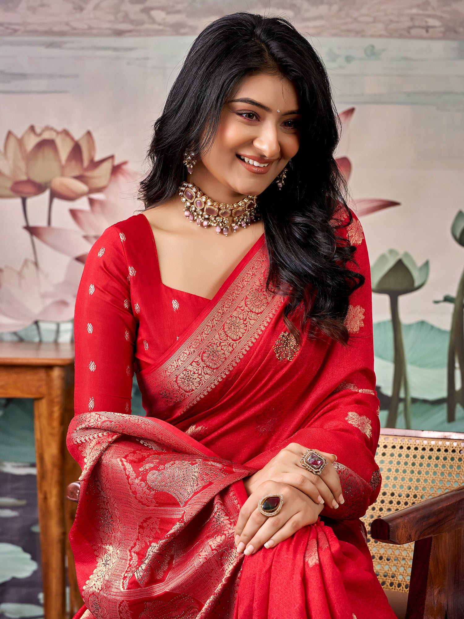 Red Georgette saree – detail view 3