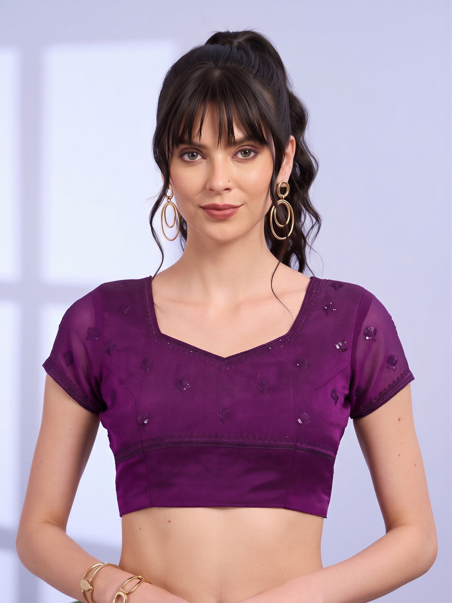 Unstitched purple tissue blouse piece with embellished design