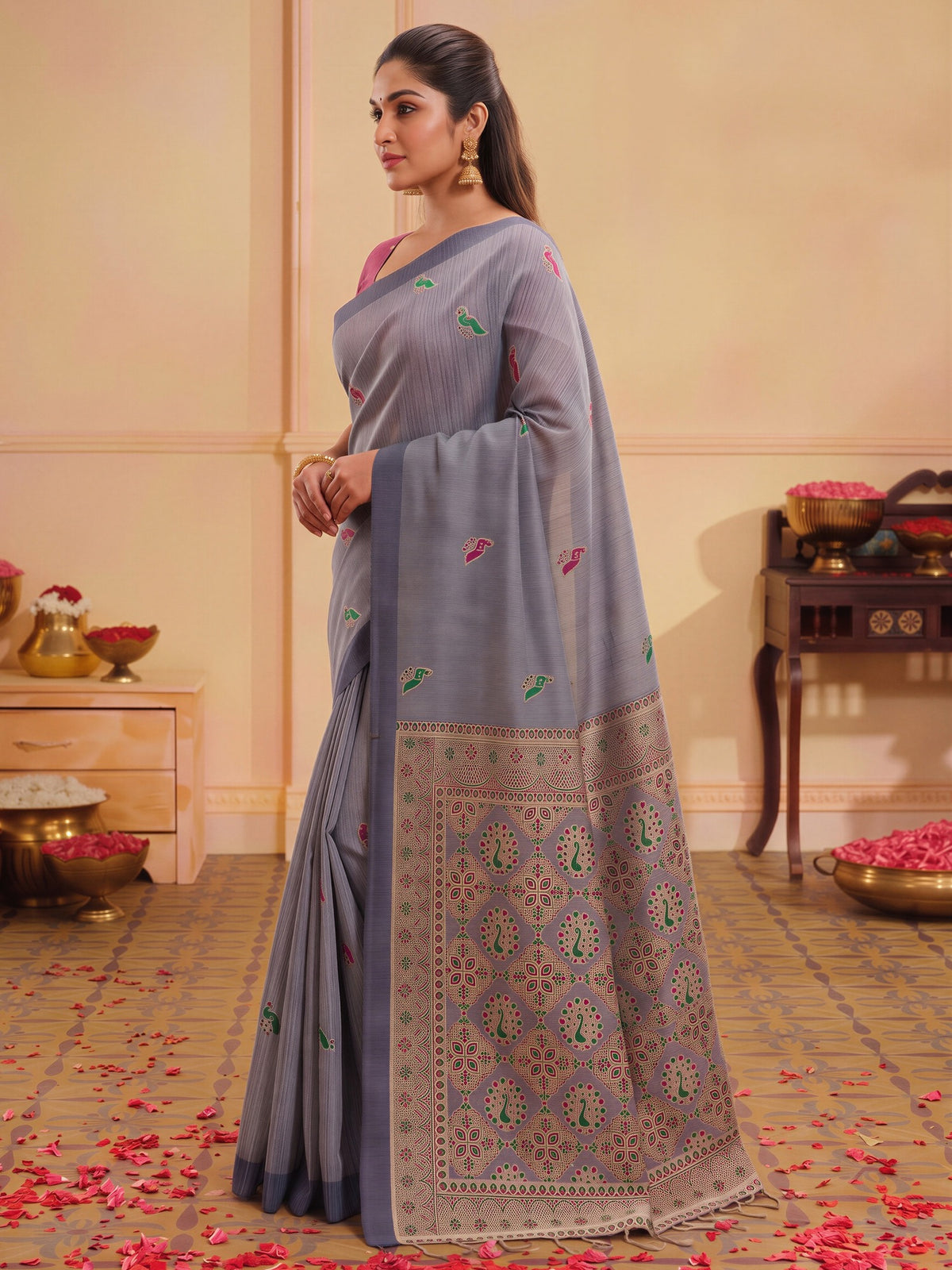 Grey Melange silk blend saree view 2