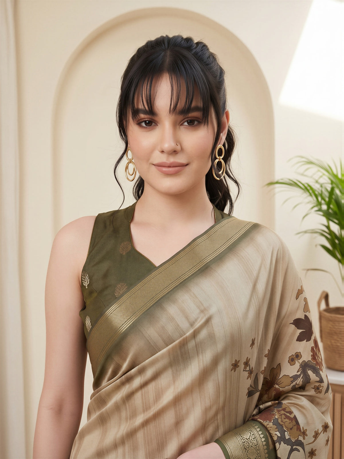 Beige Viscose Silk saree – detail view 4