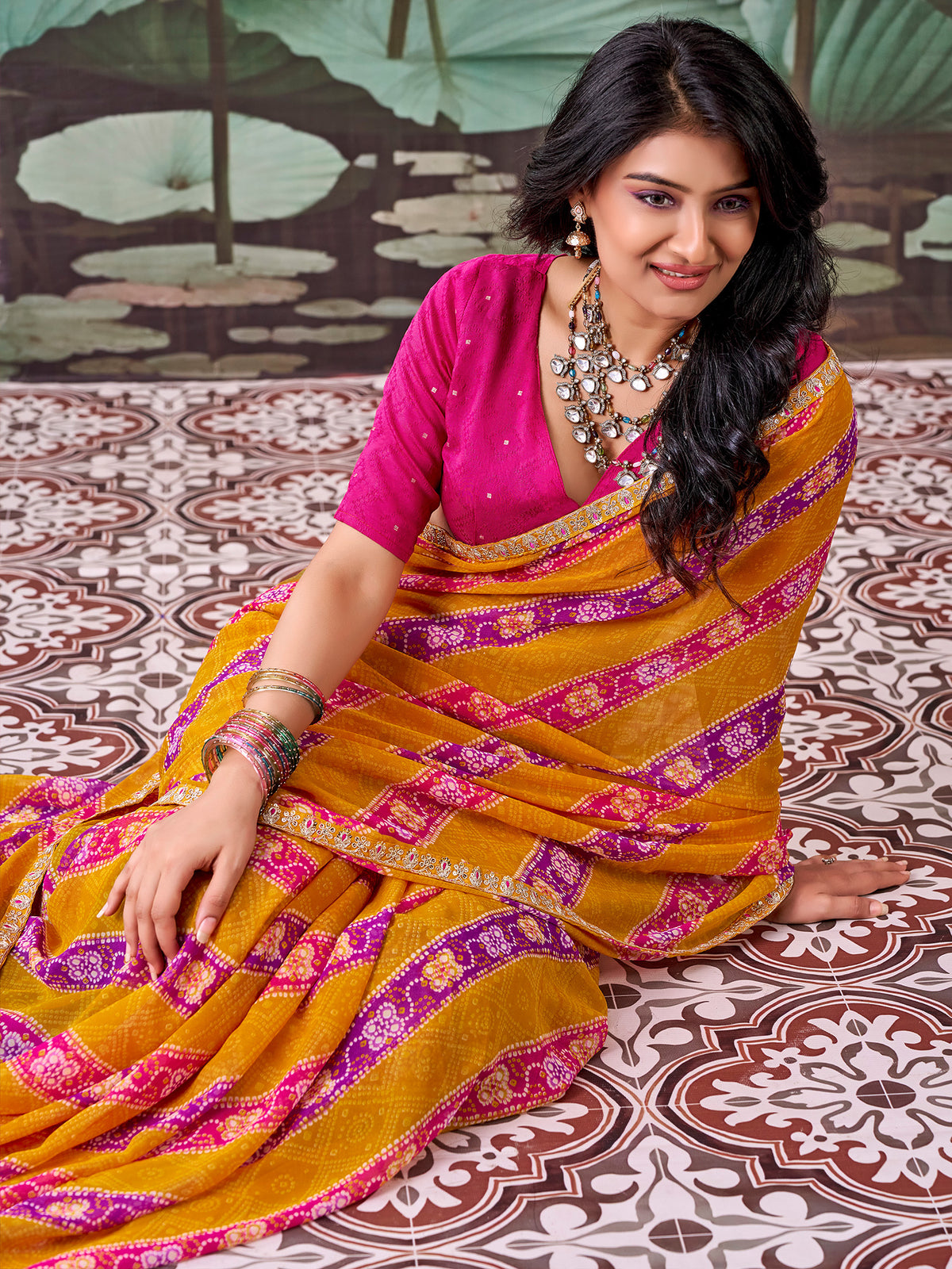 Mustard Georgette saree – detail view 3