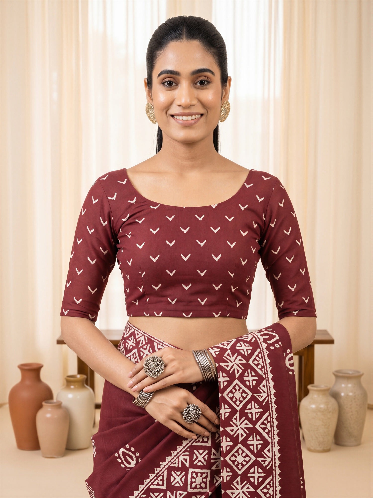 Unstitched maroon cotton blend blouse piece with bagh design