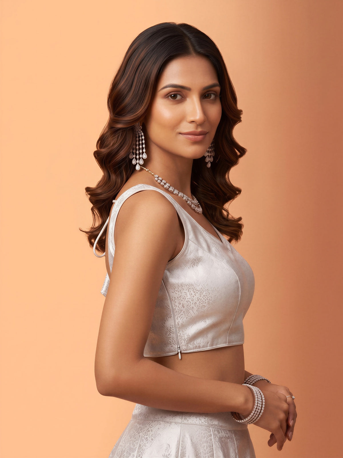 White woven brocade silk blend sleeveless readymade saree blouse with sweetheart neck view 2
