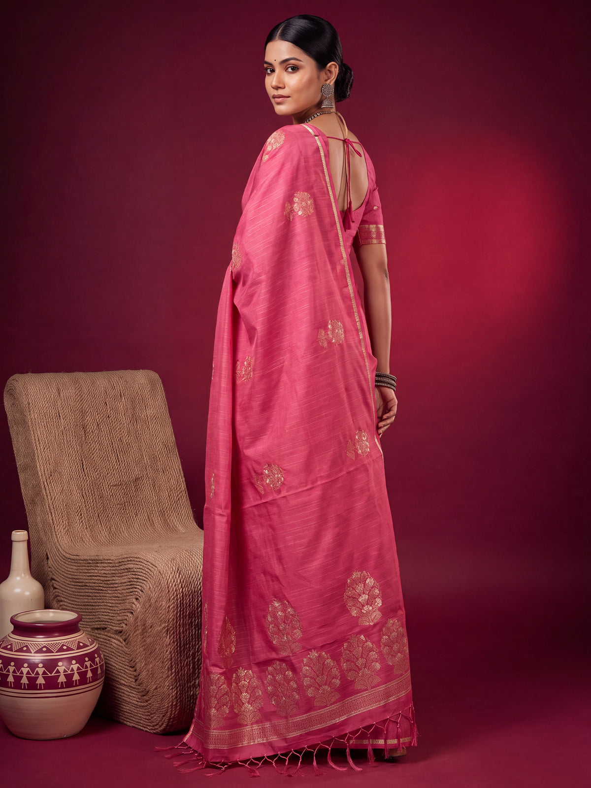 Pink Satin Silk saree – detail view 1