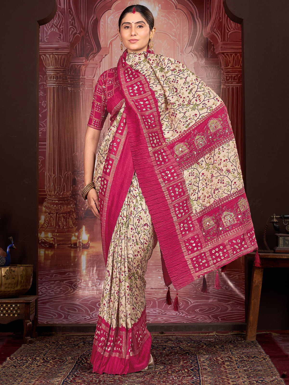 Cream tussar silk saree view 3