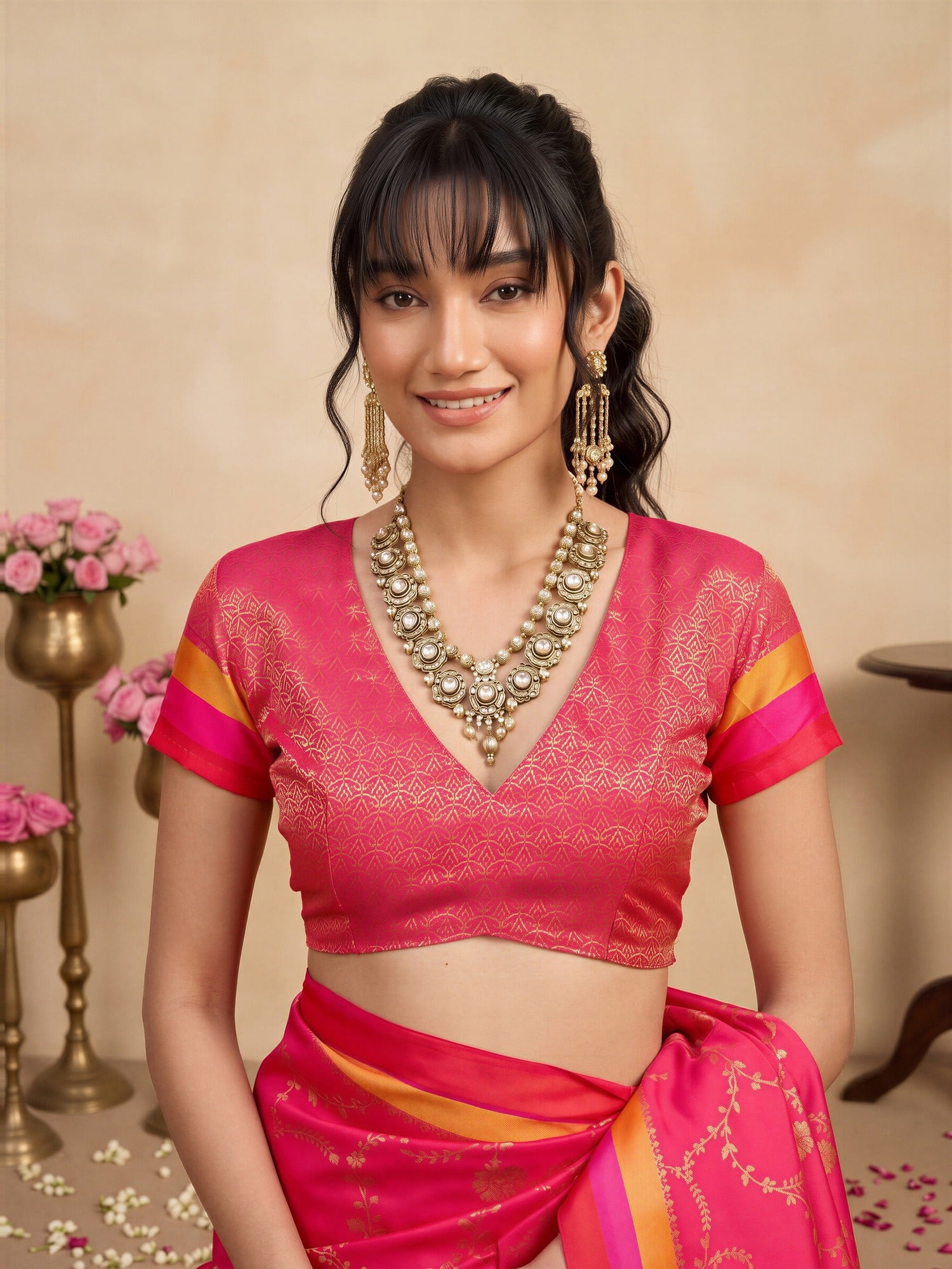 Unstitched pink pure silk blouse piece with ethnic motif design