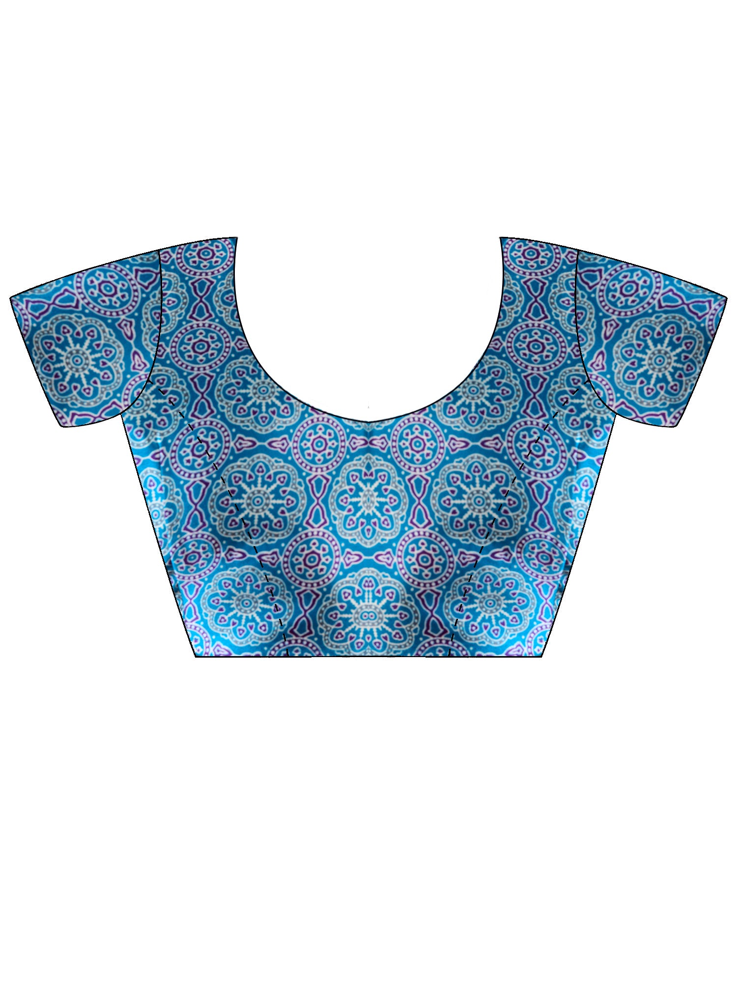 Unstitched light blue satin blouse piece with ajrak design