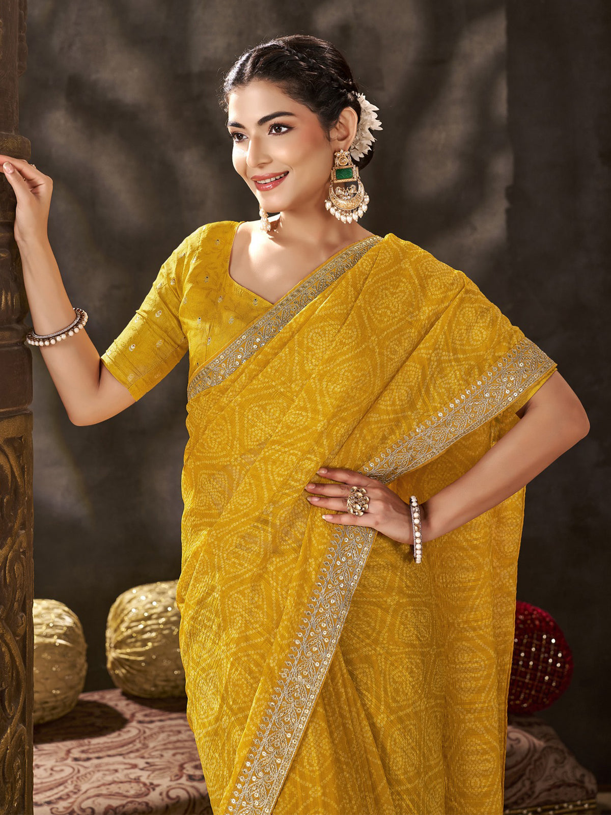 Yellow Chiffon saree – detail view 4