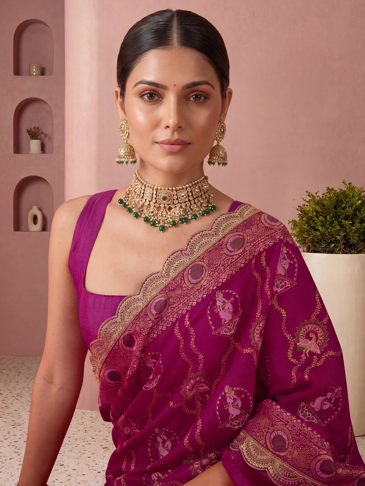 Pink Vichitra Silk saree – detail view 4