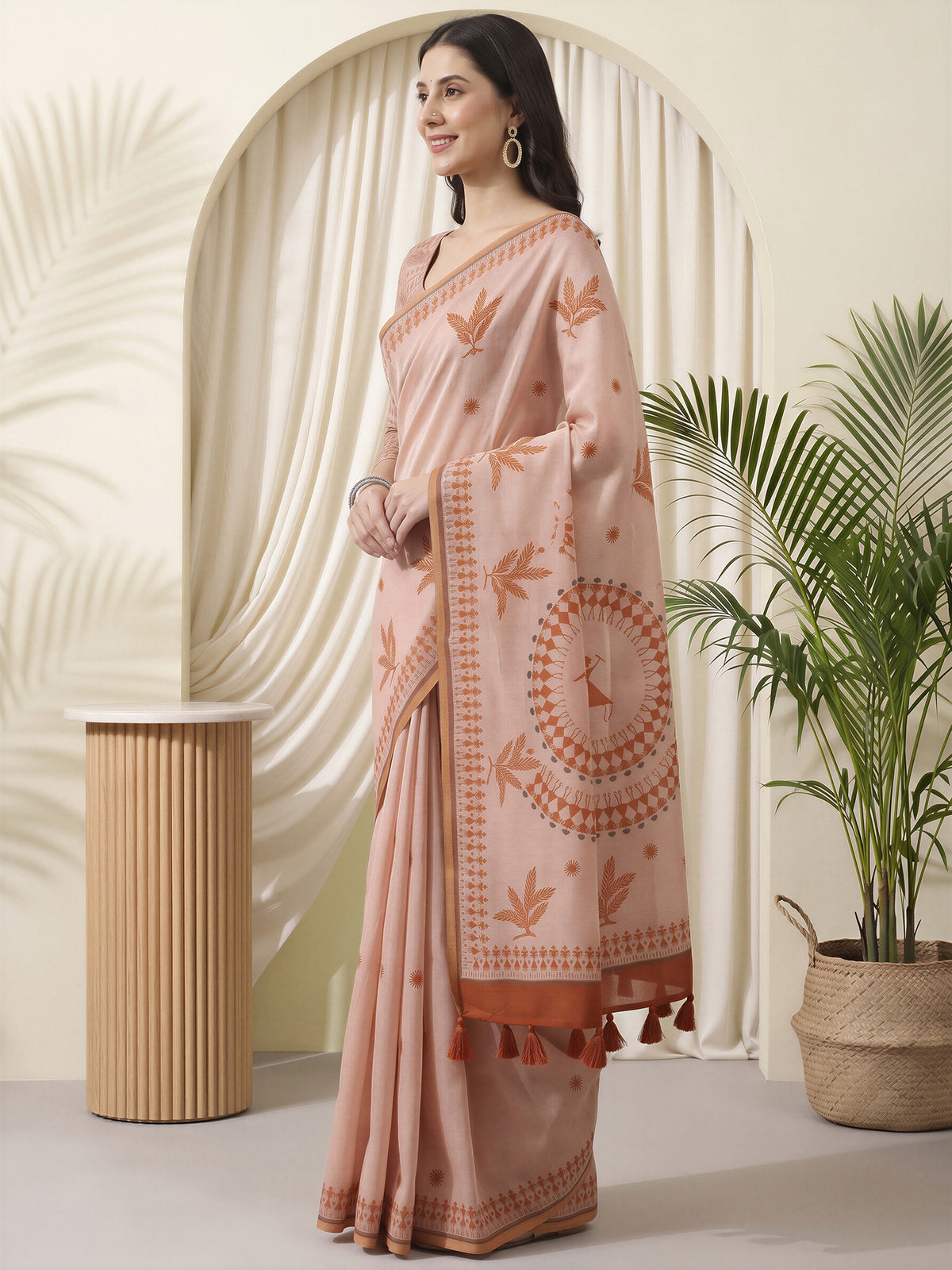 Rust Cotton Linen saree – detail view 1
