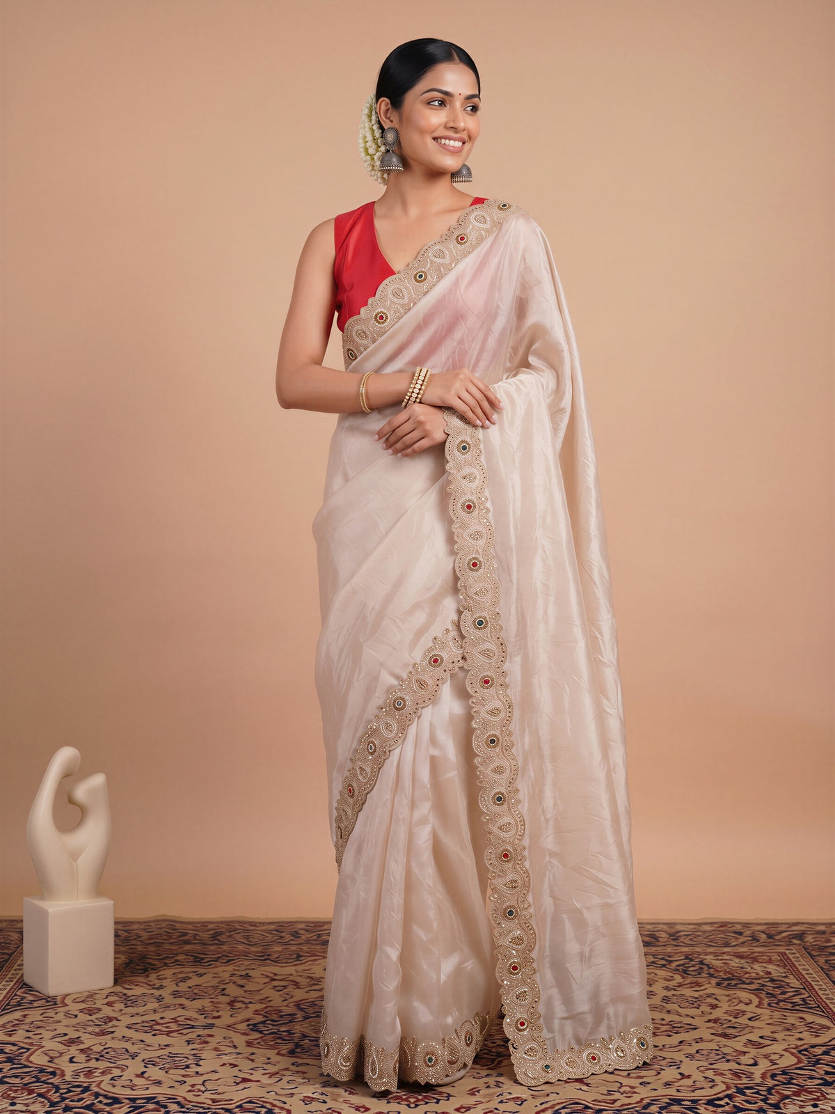 Off White Satin saree – detail view 3