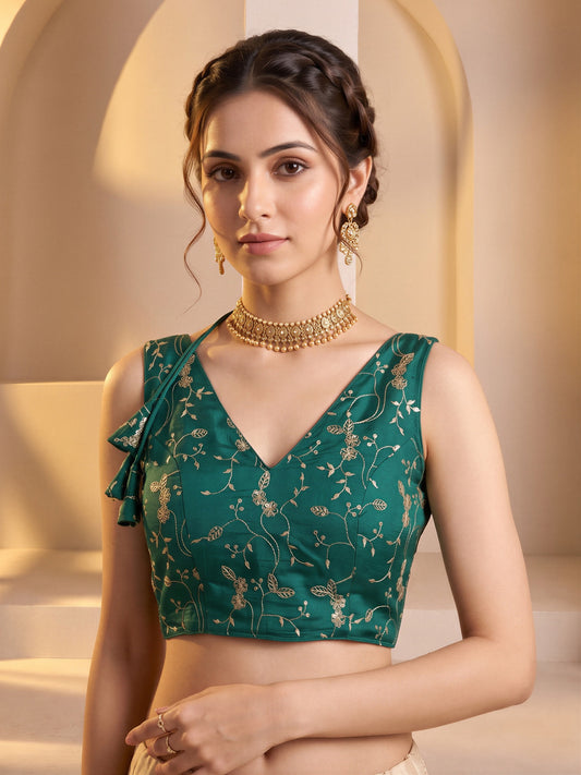 Teal Green sequin embroidered vichitra silk sleeveless readymade saree blouse with v neck