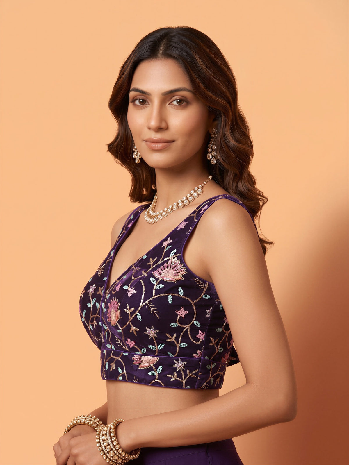Purple sequin embellished satin sleeveless readymade saree blouse with deep v neck view 2