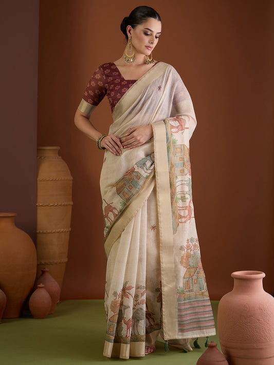Beige ethnic motif linen blend saree with brown blouse piece