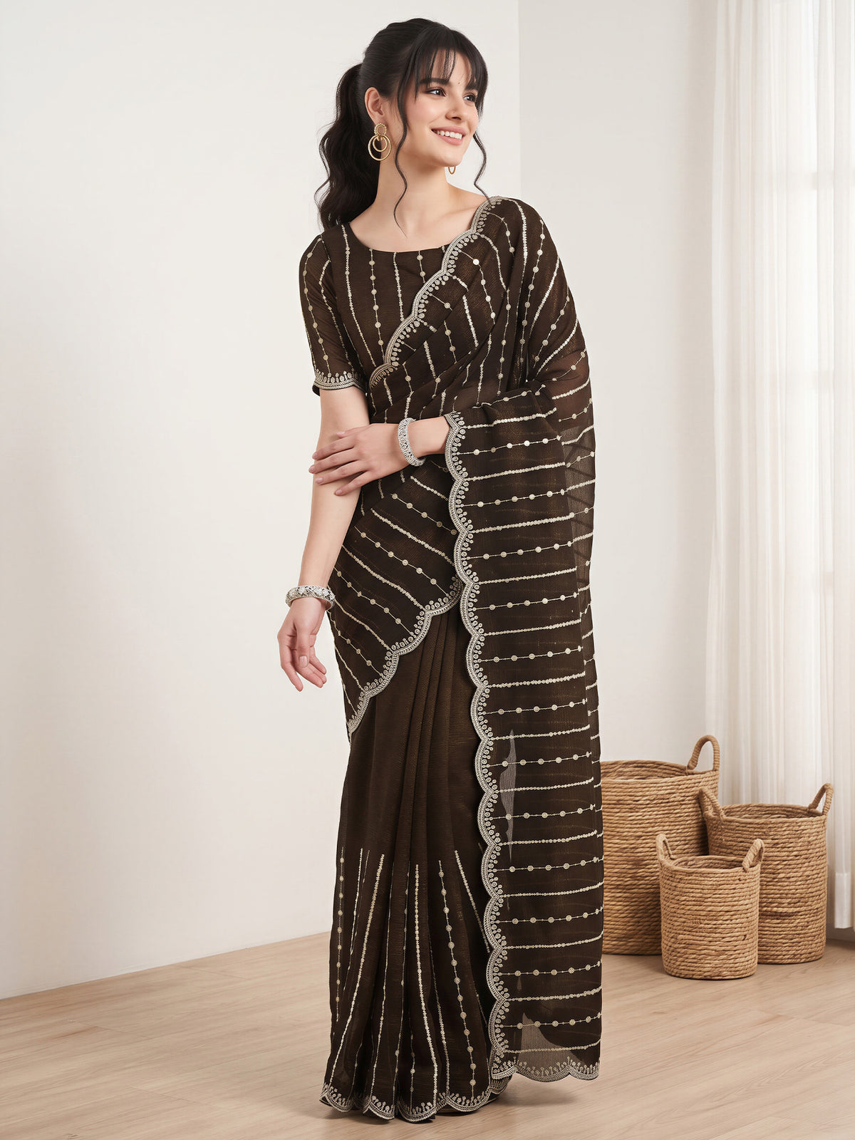 Olive Chiffon saree – detail view 3