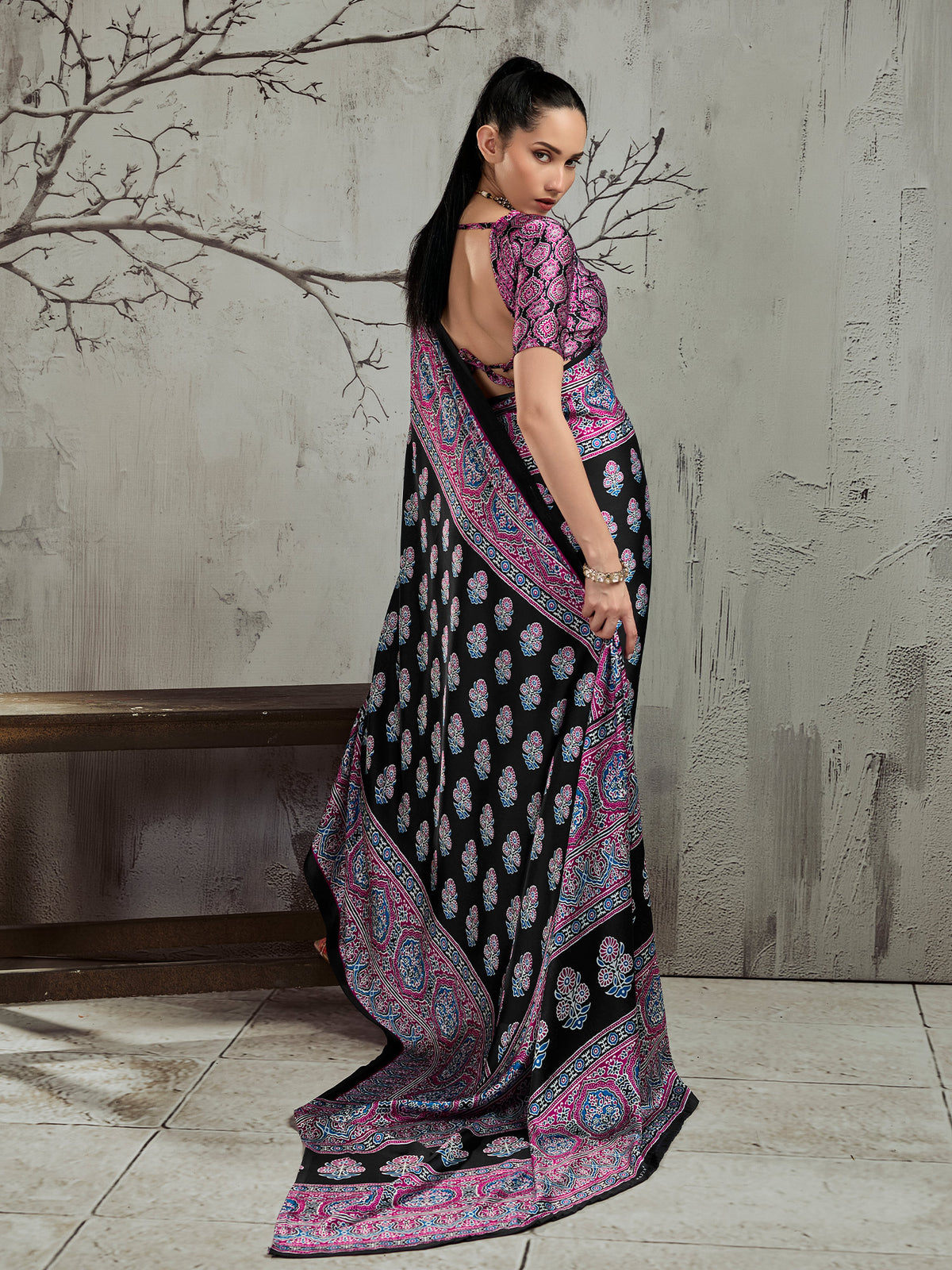 Black satin saree view 1