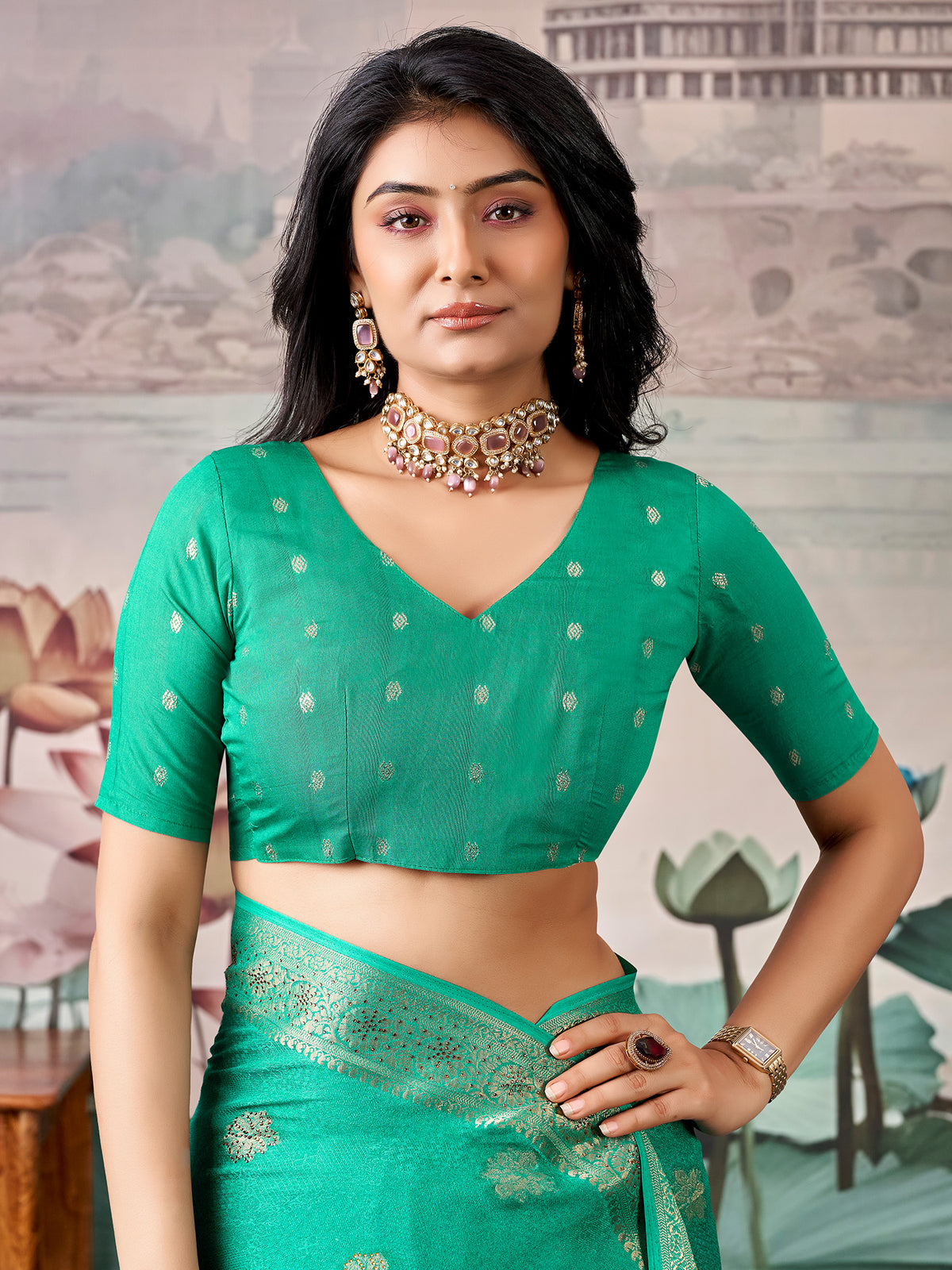 Unstitched teal green georgette blouse piece with zari butta design