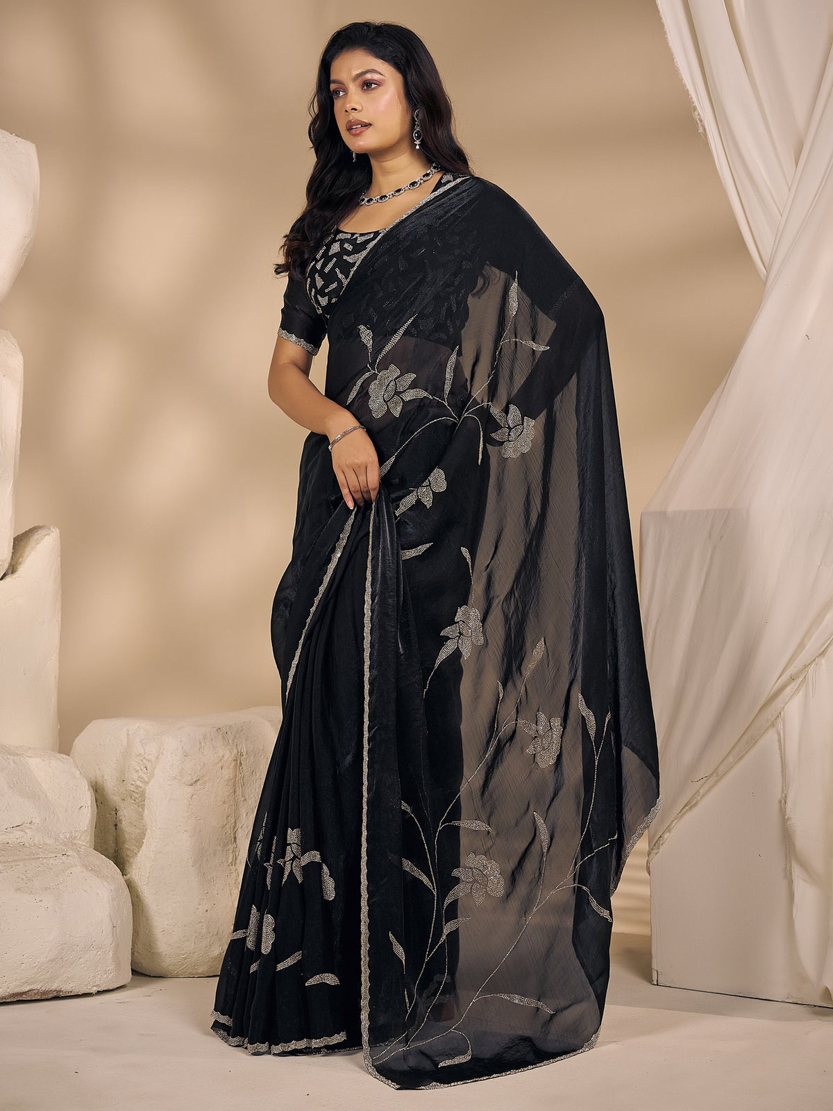Black satin silk saree view 1
