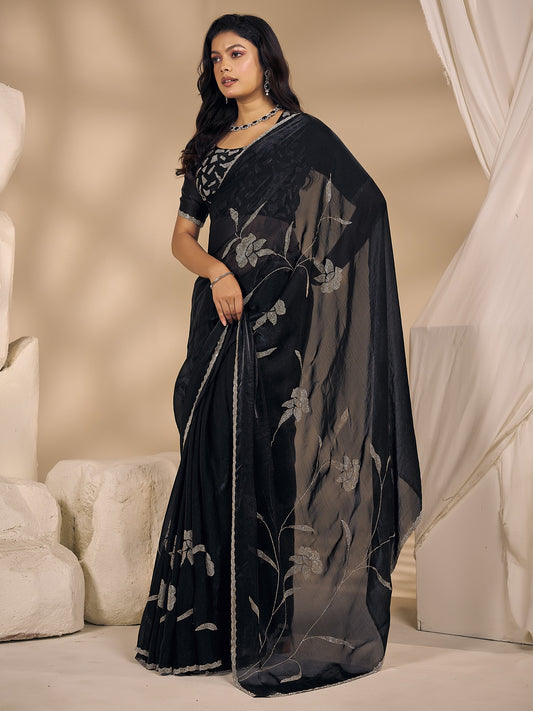 Black satin silk saree view 1
