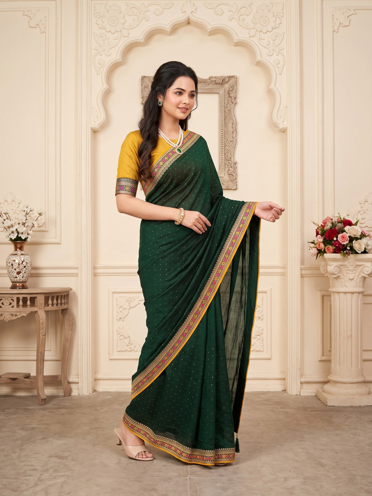 Green Vichitra Silk saree – detail view 3