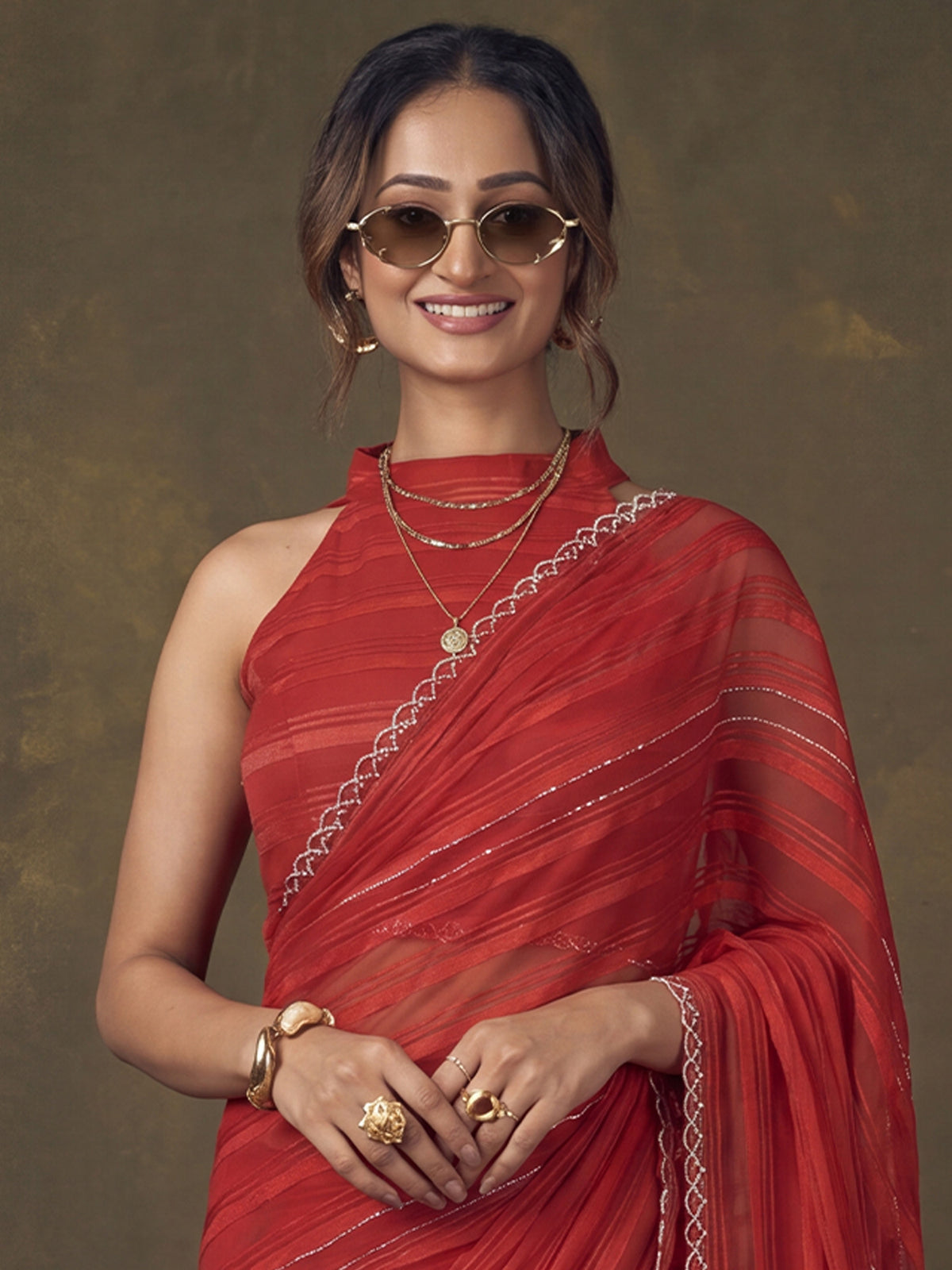 Red Georgette saree – detail view 4