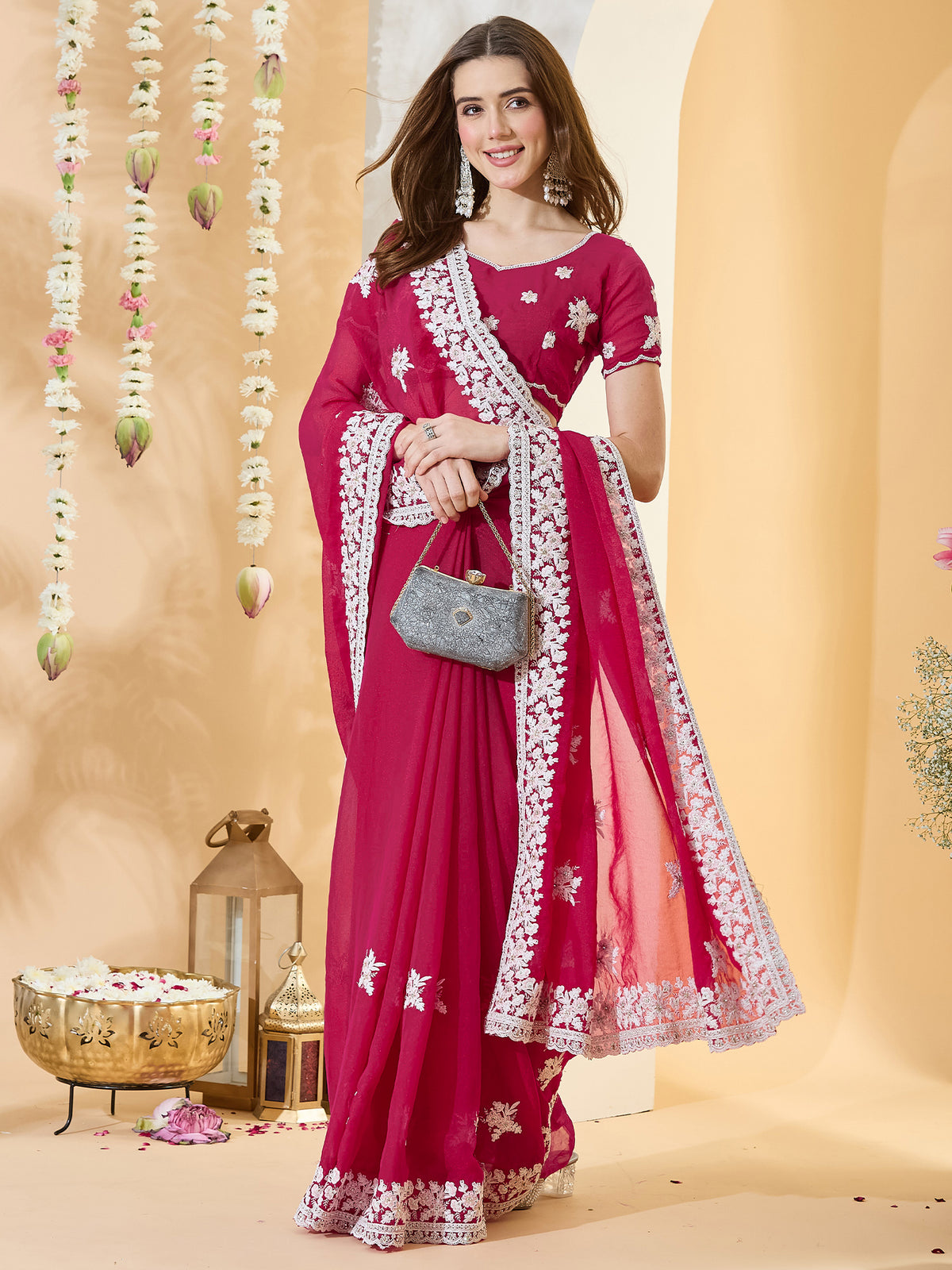 Pink Georgette saree – detail view 2