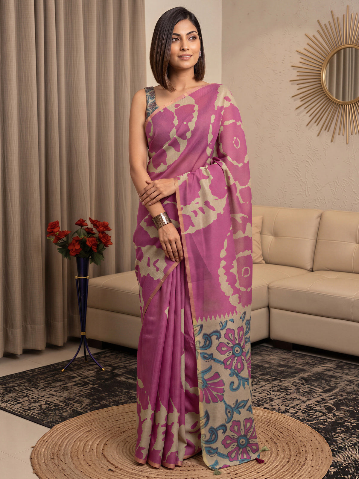 Woman wearing magenta cotton blend saree with shibori resist-dye pattern and teal green blouse