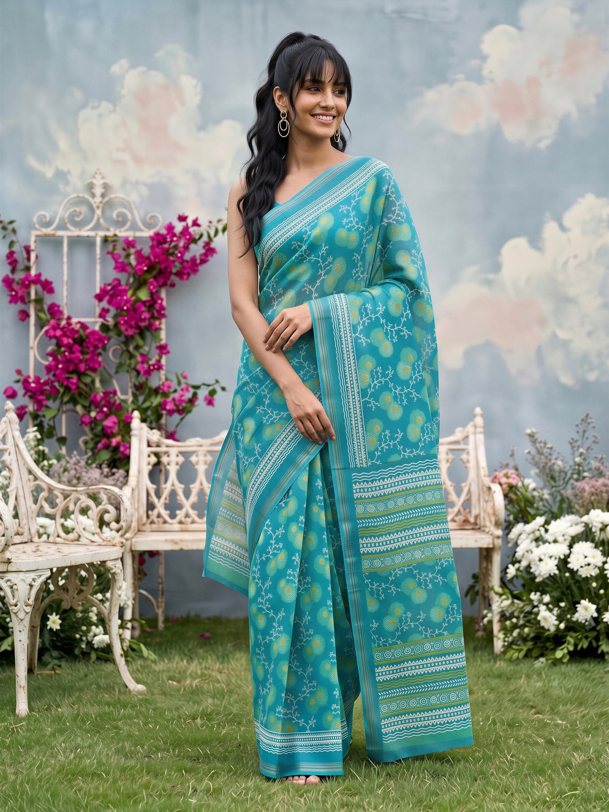 Teal Blue Crepe saree – detail view 3