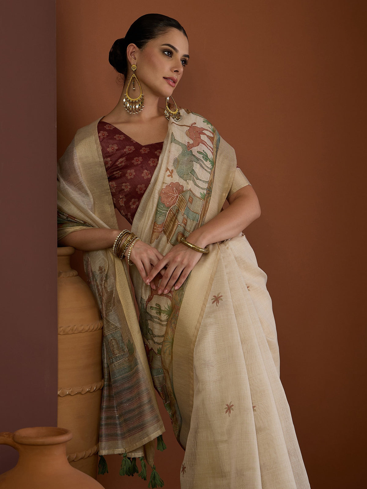 Beige linen blend saree view 5