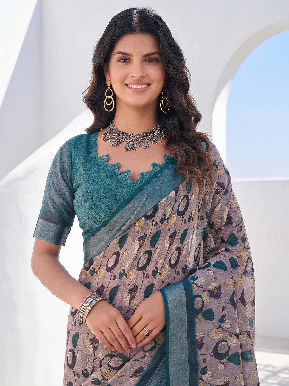 Taupe Cotton Linen saree – detail view 4