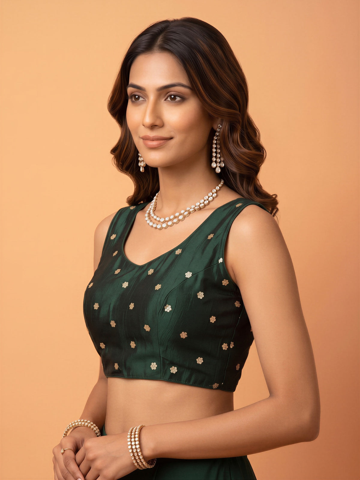 Dark Green sequin embellished chinnon sleeveless readymade saree blouse with round neck view 2