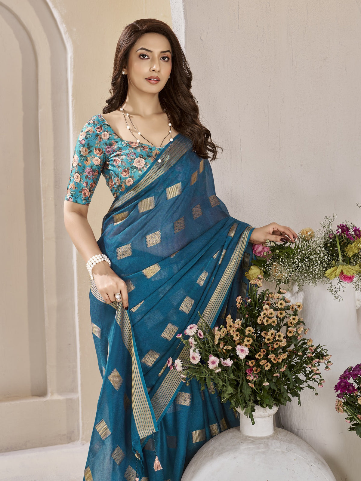 Teal Blue georgette saree view 4