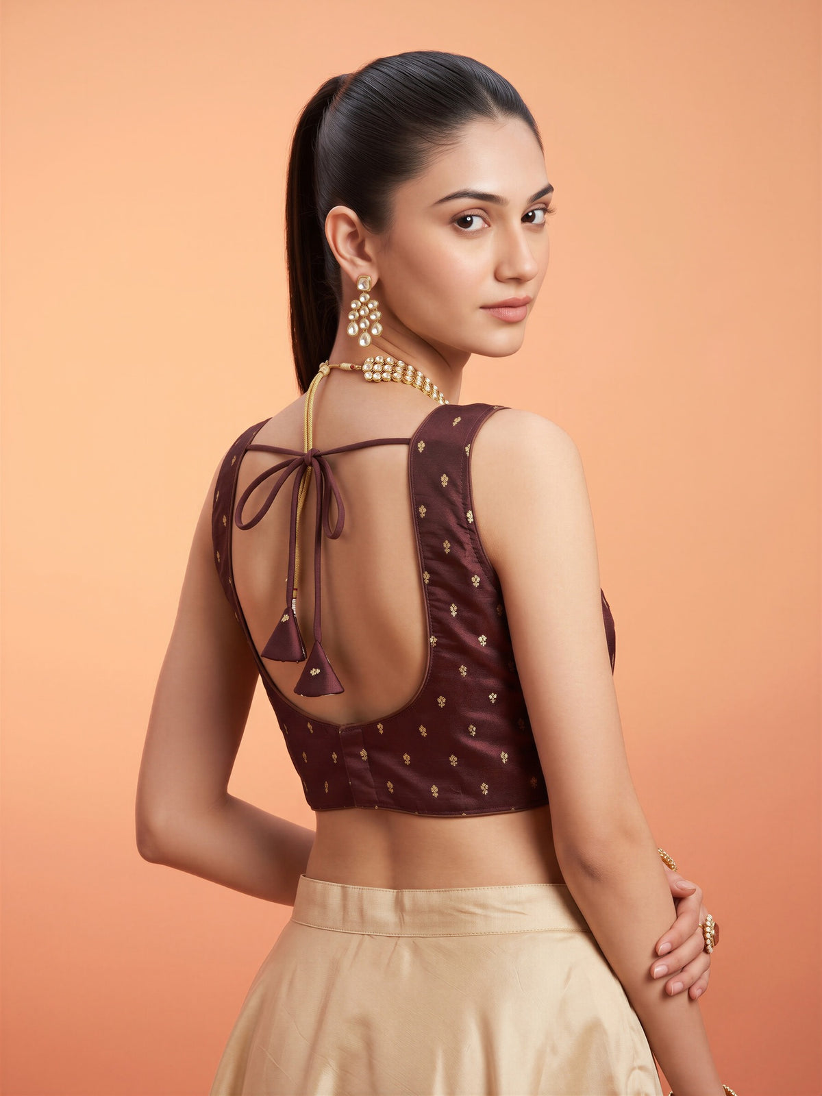 Brown sequin embellished silk blend sleeveless readymade saree blouse with round neck view 1