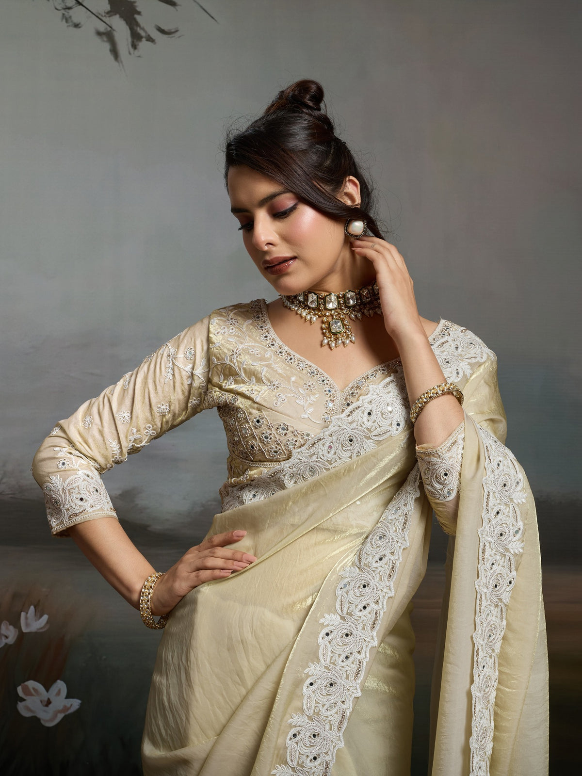 Off White Satin Silk saree – detail view 5