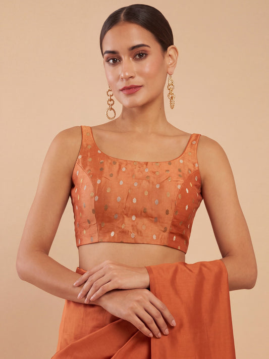 Orange zari woven georgette sleeveless readymade saree blouse with round neck