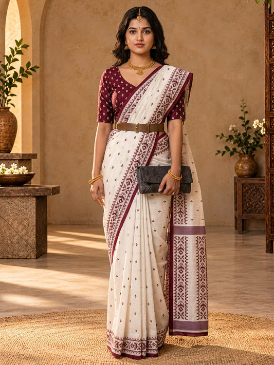 Off White ethnic motif tussar silk saree with wine blouse piece