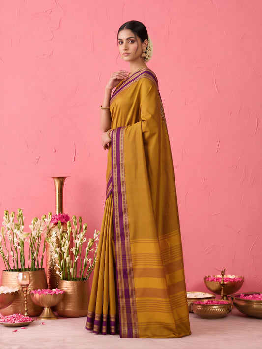 Mustard cotton blend saree view 1