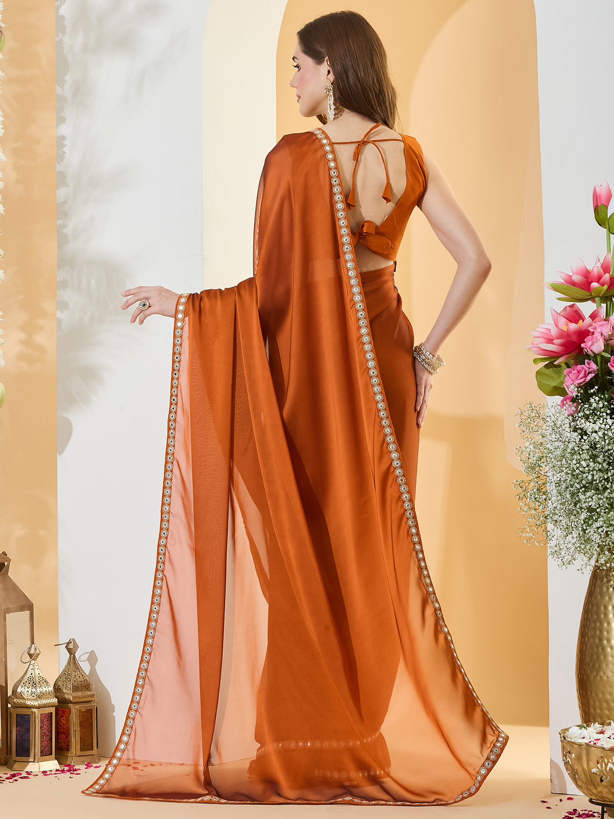 Rust Pure Georgette saree – detail view 1