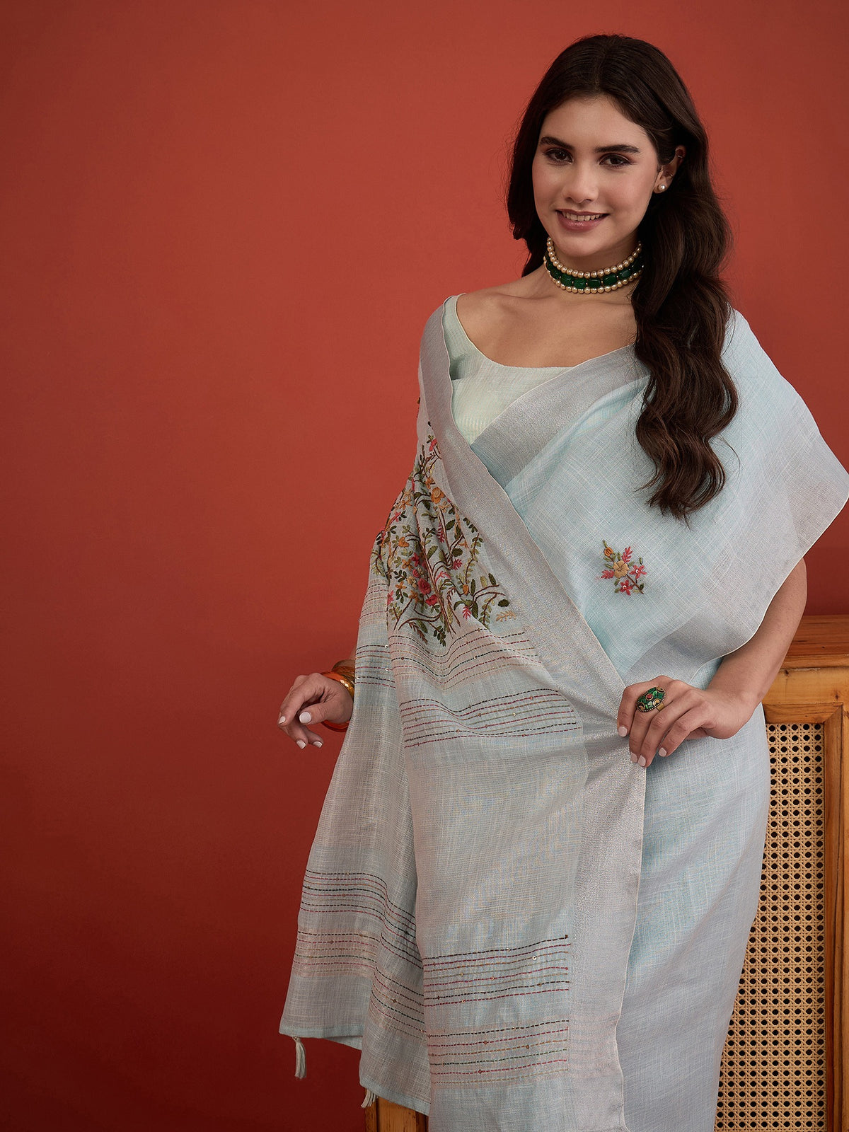 Light Blue linen blend saree view 5