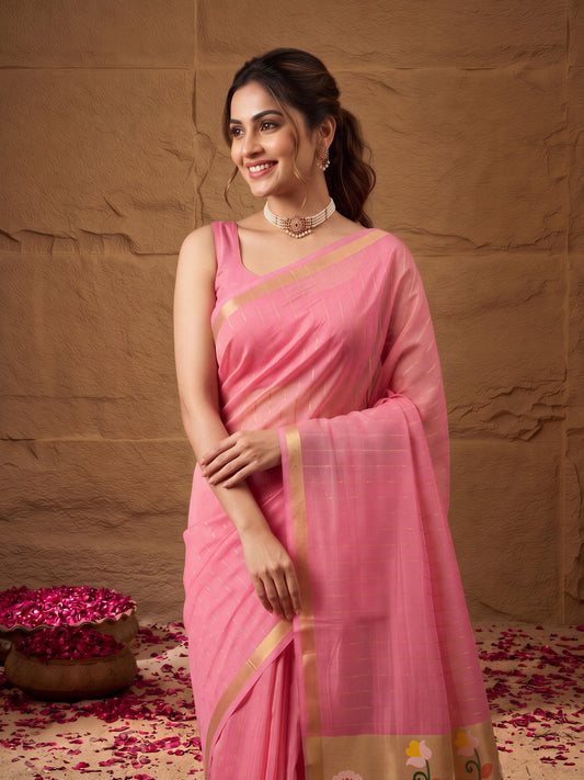 Pink silk blend saree view 1